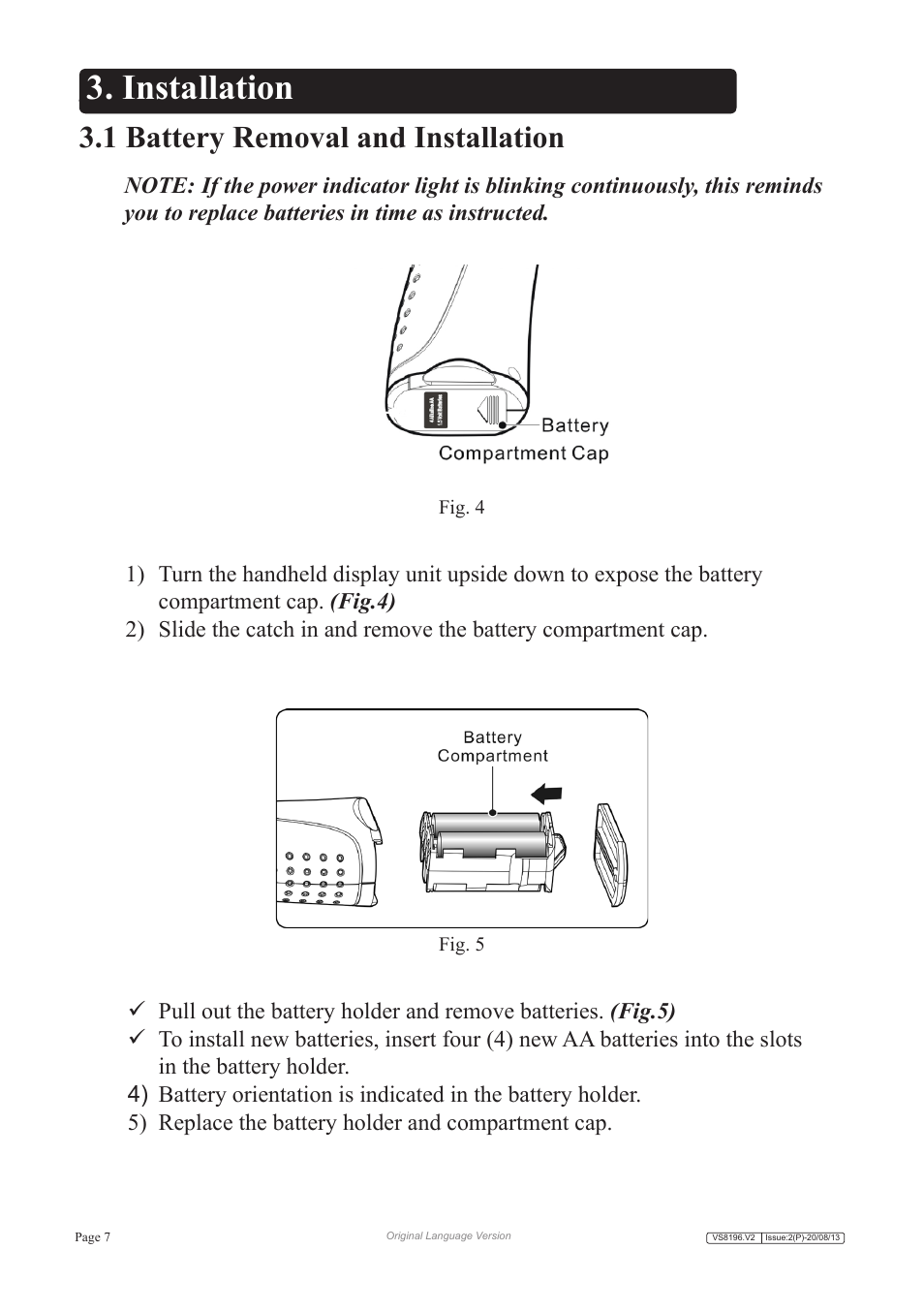 Installation, 1 battery removal and installation | Sealey VS8196 User Manual | Page 7 / 13