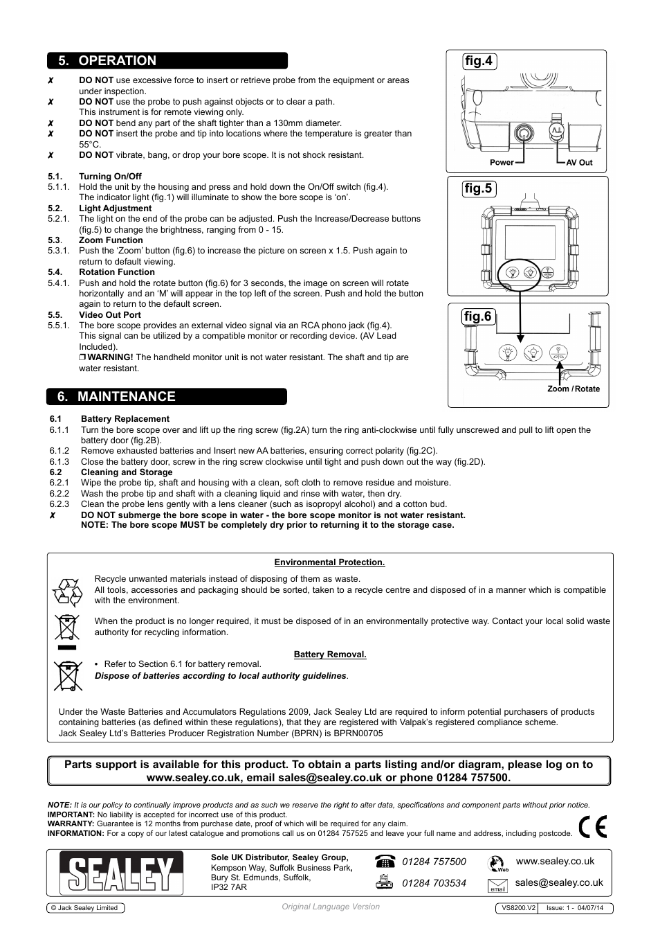 Maintenance, Operation, Fig.4 fig.5 fig.6 | Sealey VS8200 User Manual | Page 2 / 2
