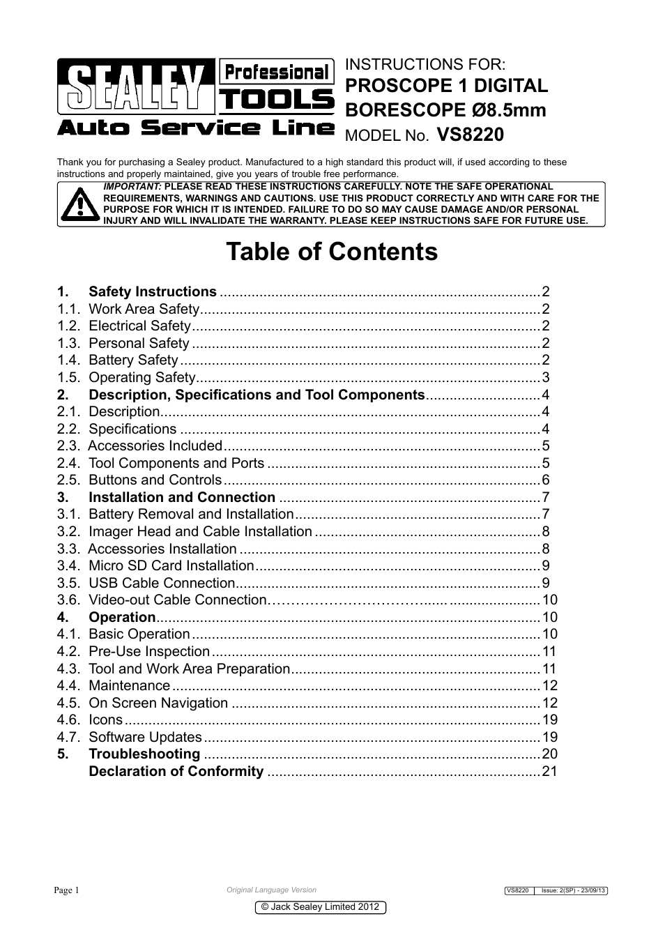 Sealey VS8220 User Manual | 21 pages