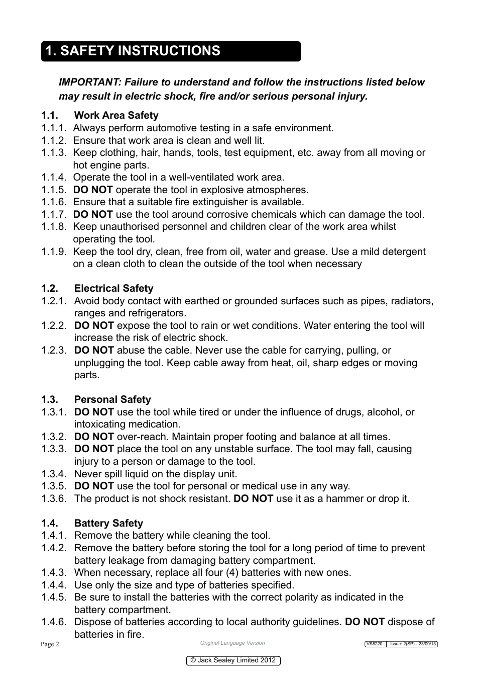 Safety instructions | Sealey VS8220 User Manual | Page 2 / 21