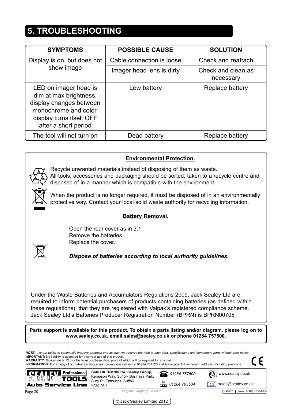 Troubleshooting | Sealey VS8220 User Manual | Page 20 / 21