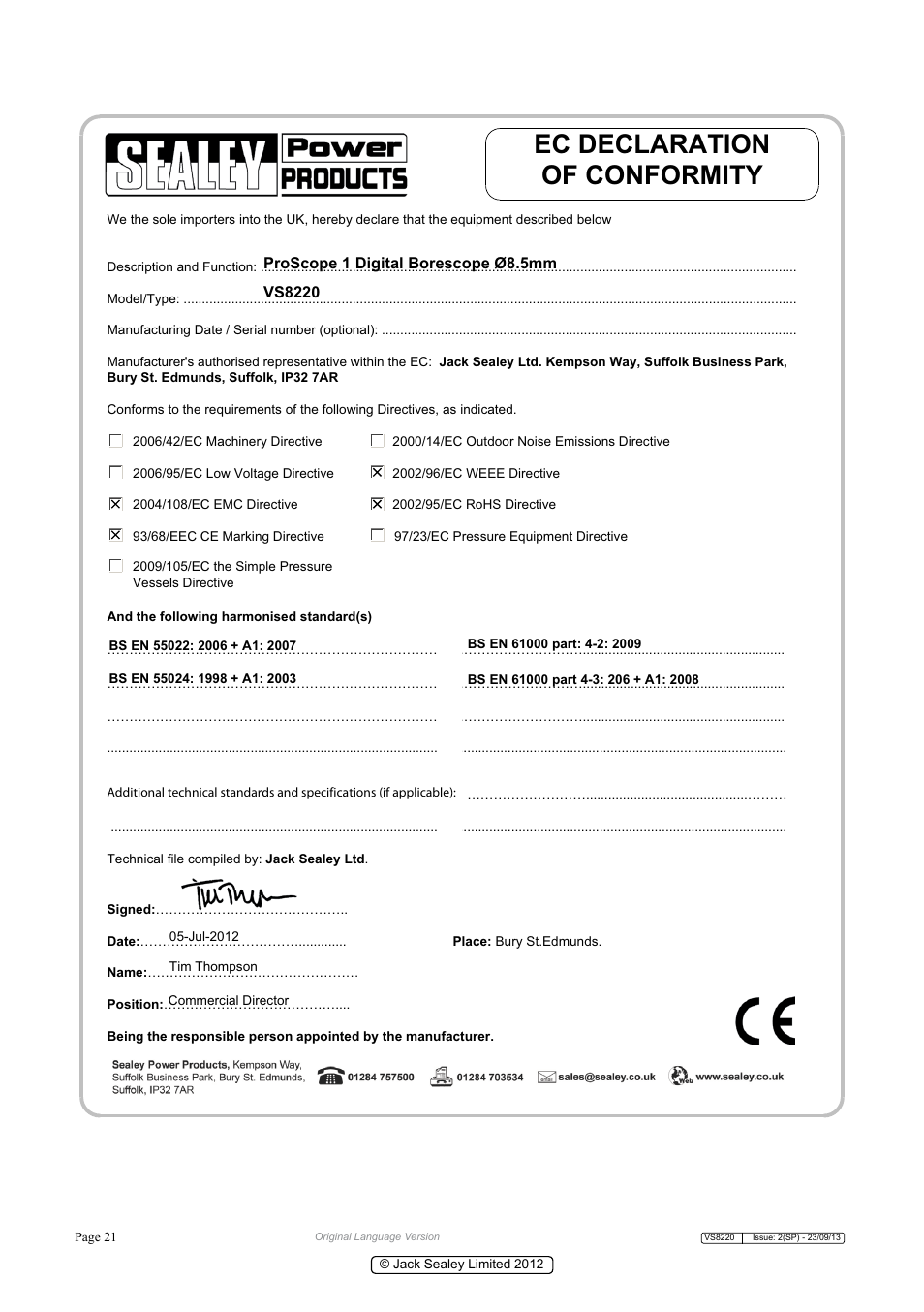 Ec declaration of conformity | Sealey VS8220 User Manual | Page 21 / 21