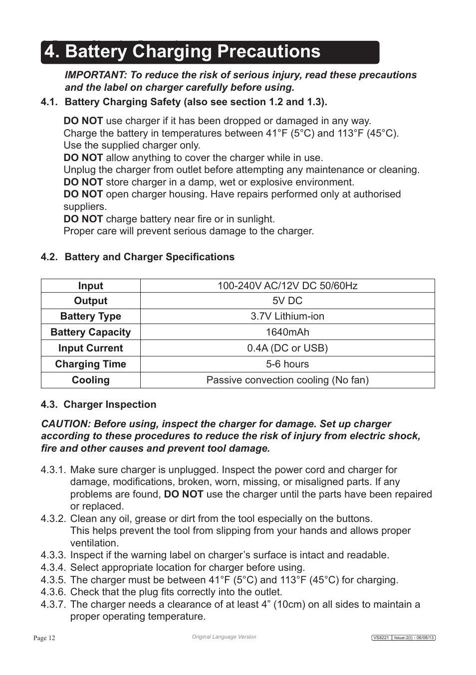 Battery charging precautions | Sealey VS8221 User Manual | Page 12 / 29