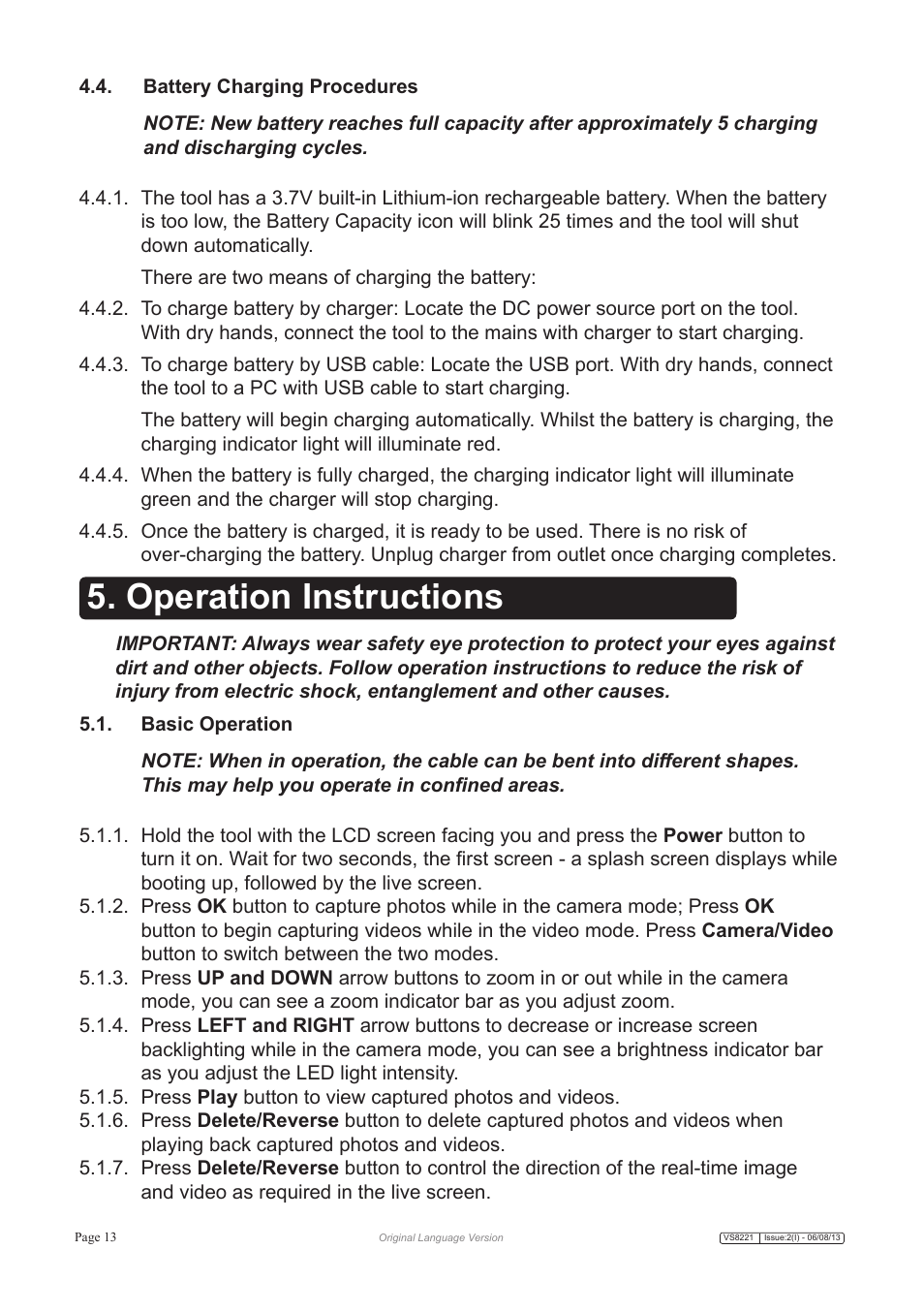 Operation instructions | Sealey VS8221 User Manual | Page 13 / 29