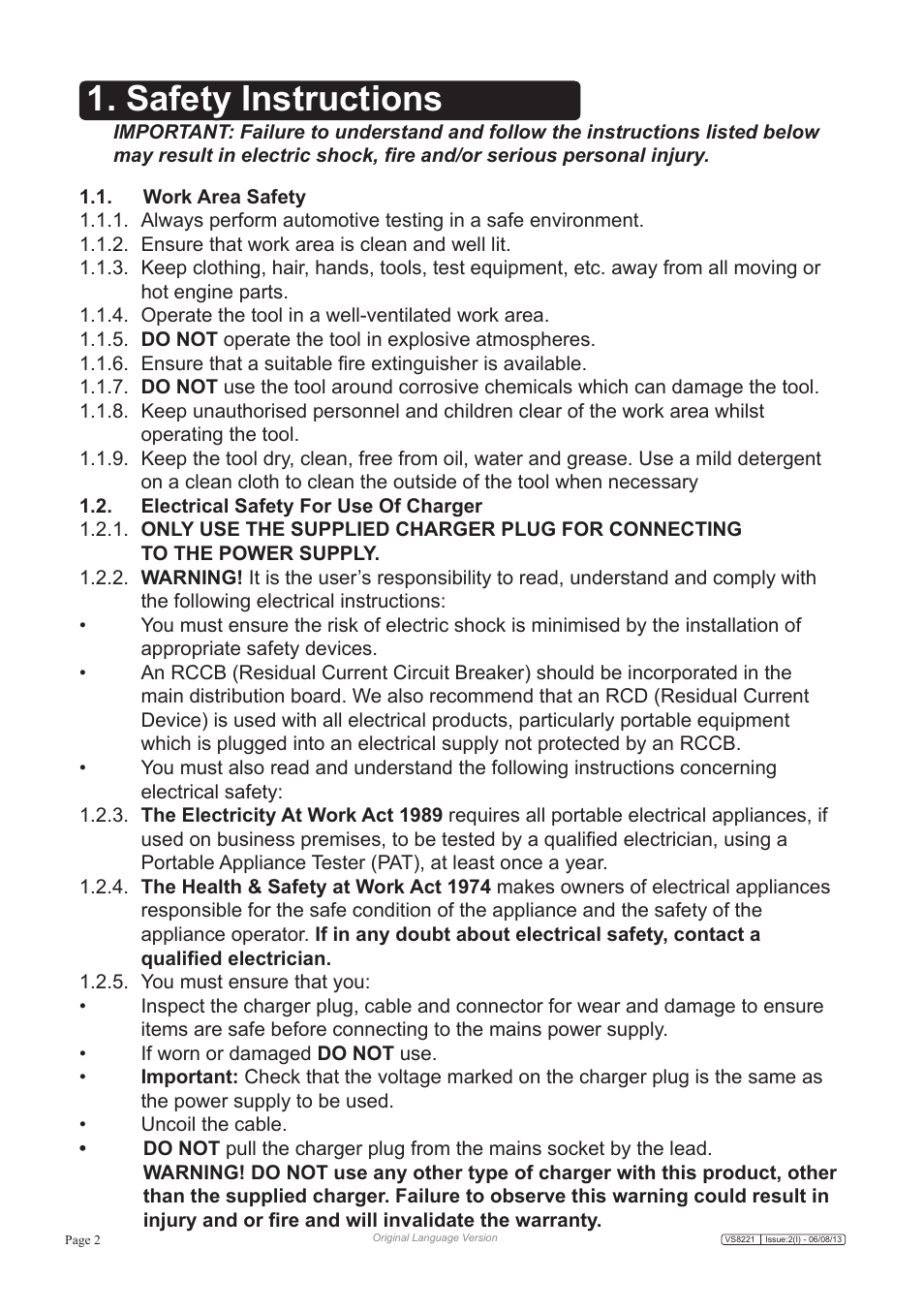 Safety instructions | Sealey VS8221 User Manual | Page 2 / 29