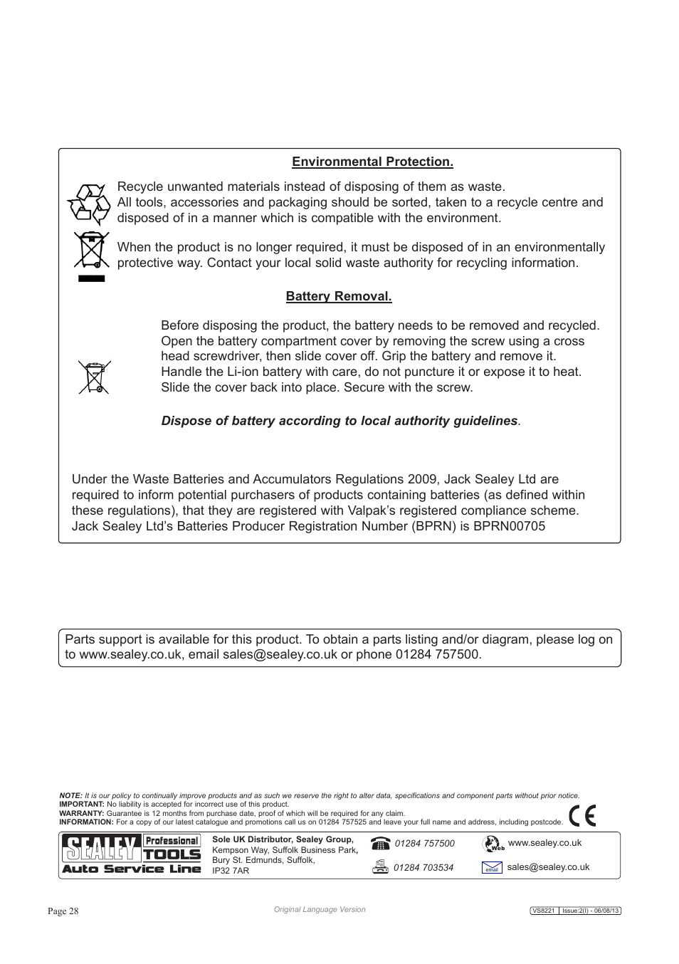 Sealey VS8221 User Manual | Page 28 / 29