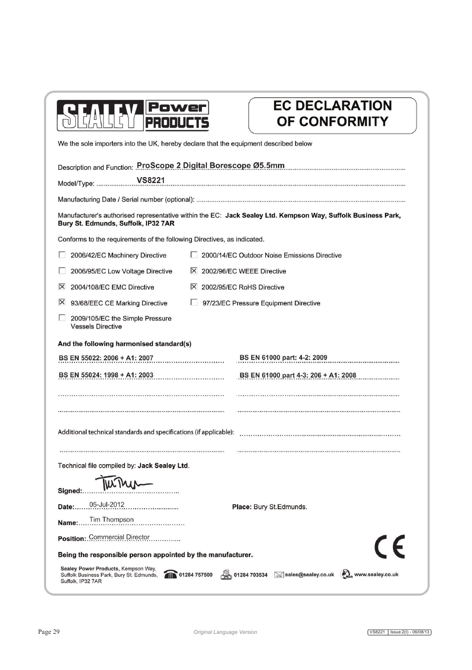 Sealey VS8221 User Manual | Page 29 / 29