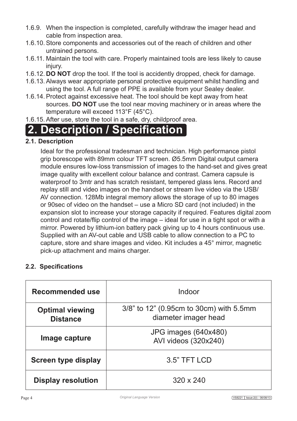 Description / specification | Sealey VS8221 User Manual | Page 4 / 29