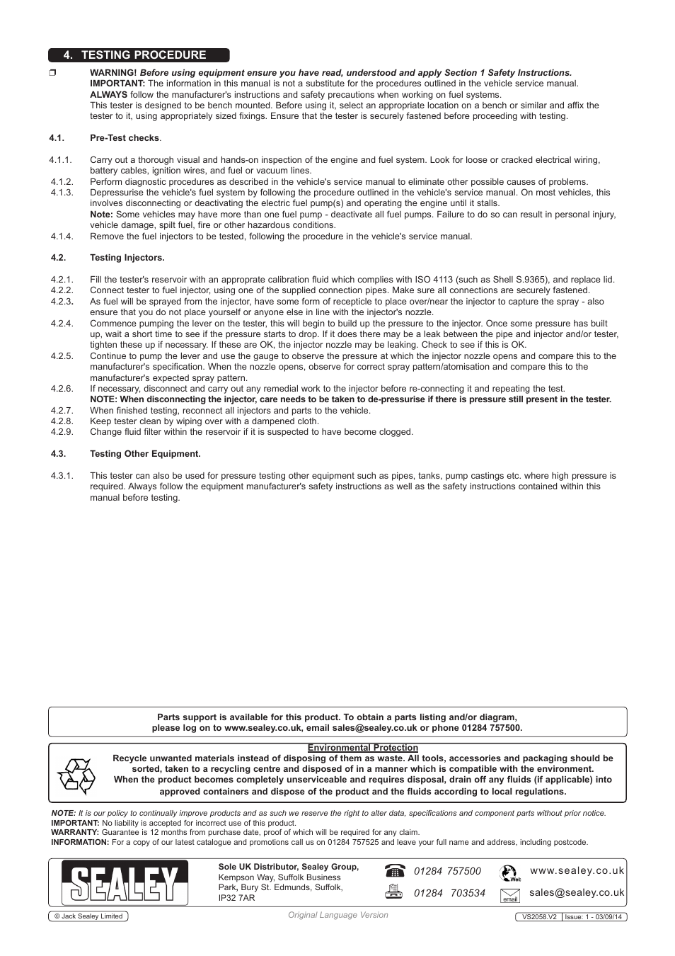 Testing procedure | Sealey VS2058 User Manual | Page 2 / 2