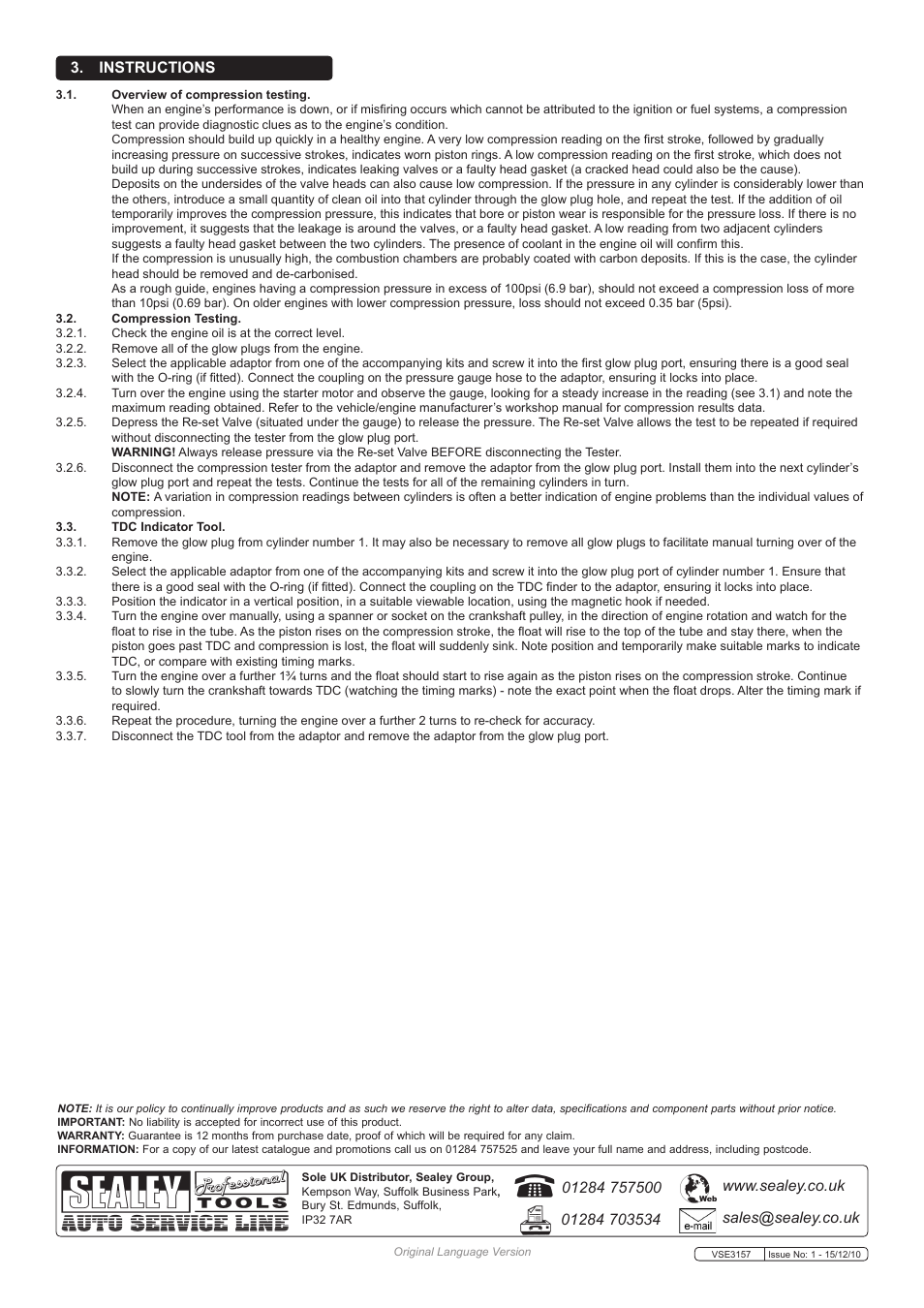 Instructions | Sealey VSE3157 User Manual | Page 2 / 2