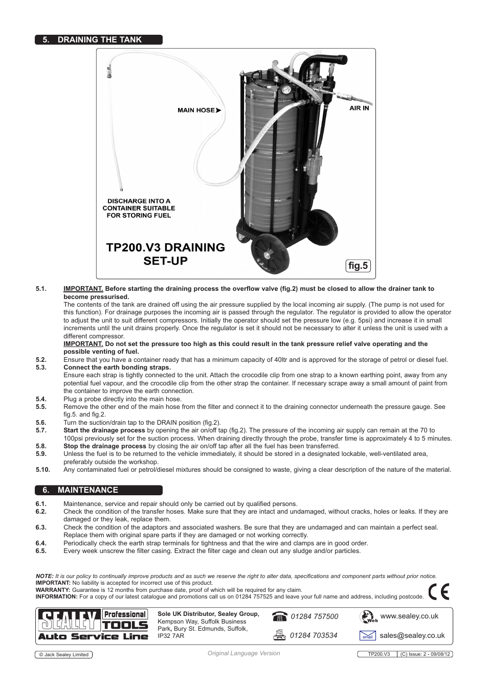 Fig.5, Maintenance 5. draining the tank | Sealey TP200 User Manual | Page 4 / 4