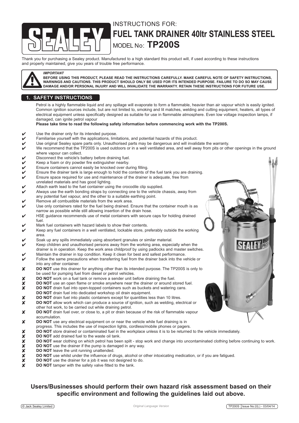 Sealey TP200S User Manual | 4 pages