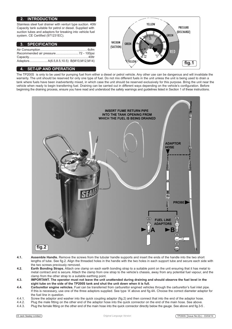 Fig.2 fig.1, Set-up and operation 2. introduction, Specification | Sealey TP200S User Manual | Page 2 / 4