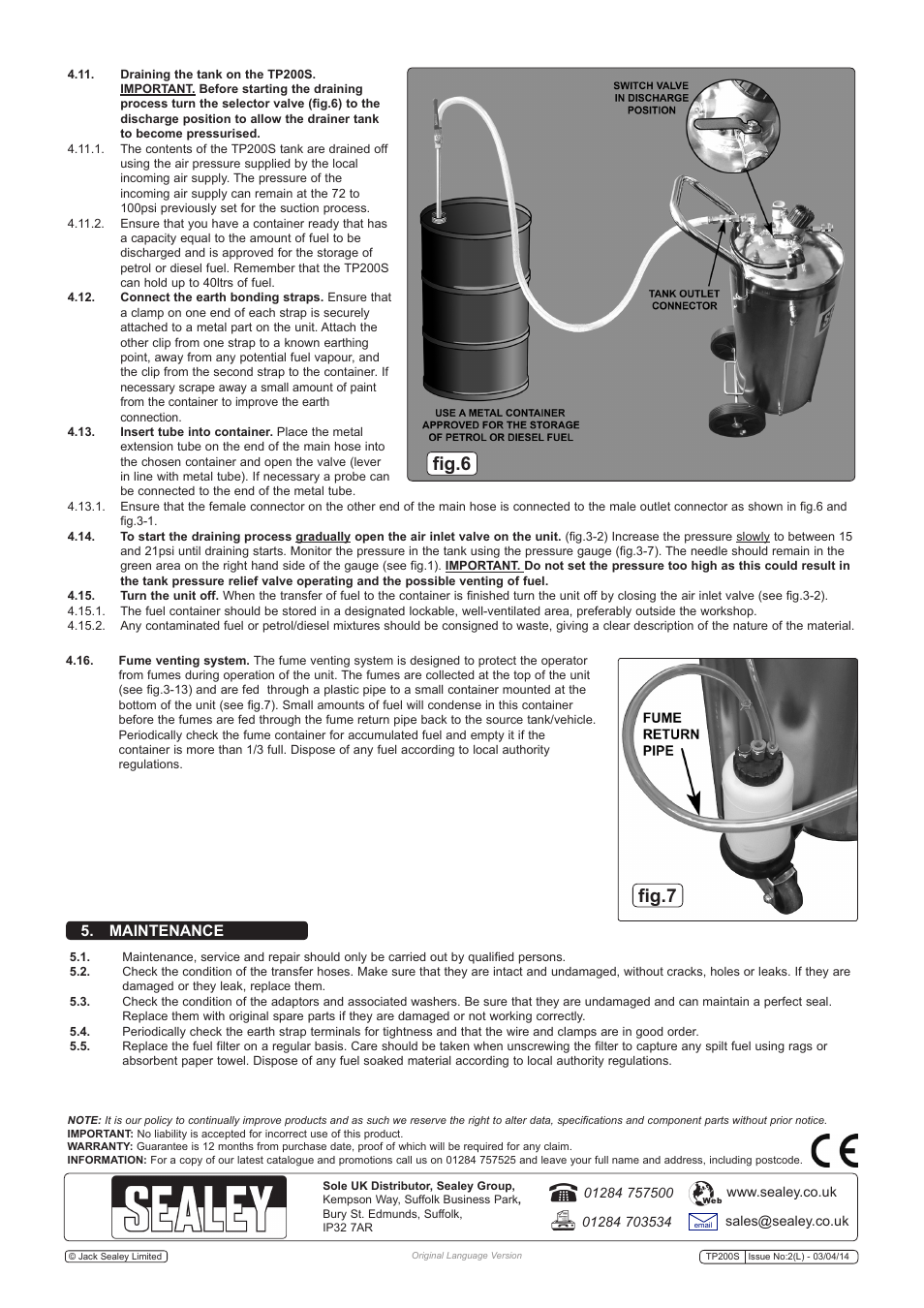 Fig.6, Fig.7, Maintenance | Sealey TP200S User Manual | Page 4 / 4