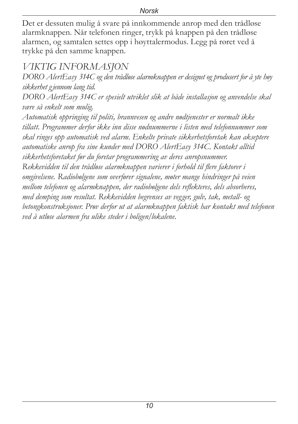 Viktig informasjon | Doro PHONE 314C User Manual | Page 53 / 96