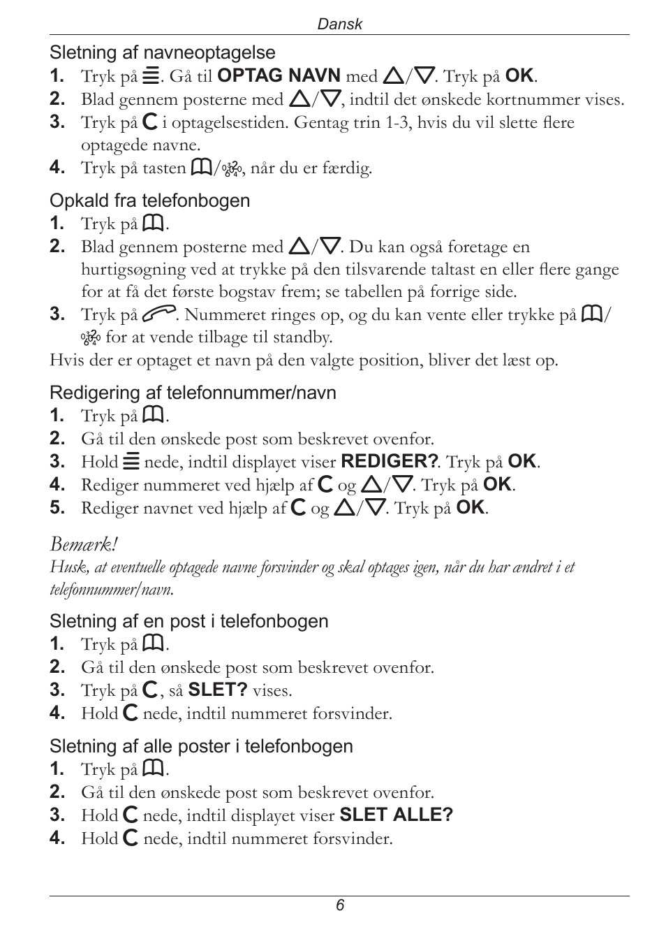 Bemærk | Doro PHONE 314C User Manual | Page 61 / 96