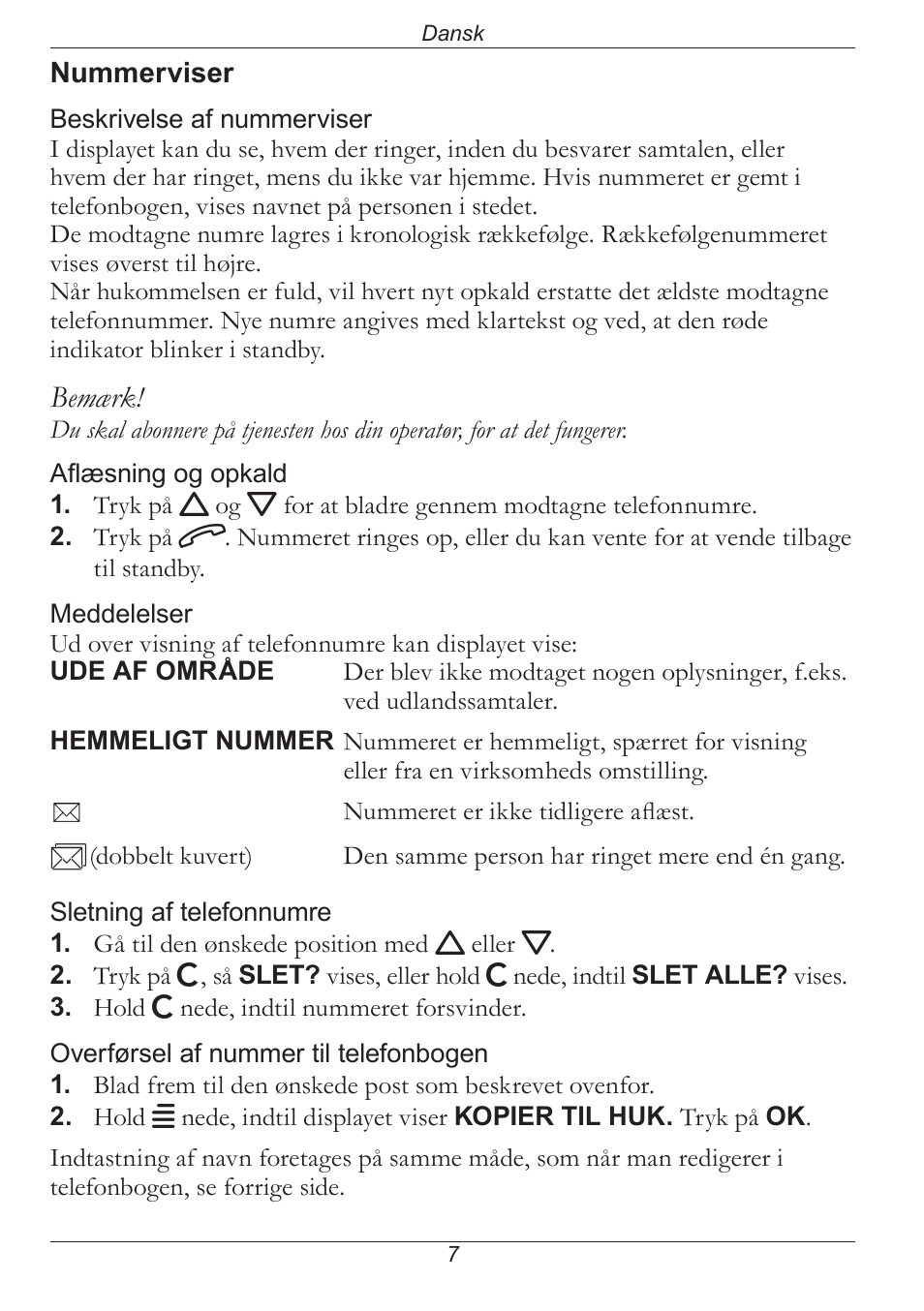 Bemærk | Doro PHONE 314C User Manual | Page 62 / 96