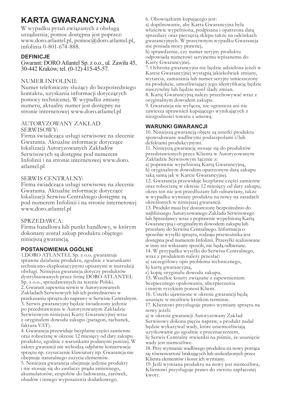 Karta gwarancyjna | Doro PHONE 314C User Manual | Page 91 / 96