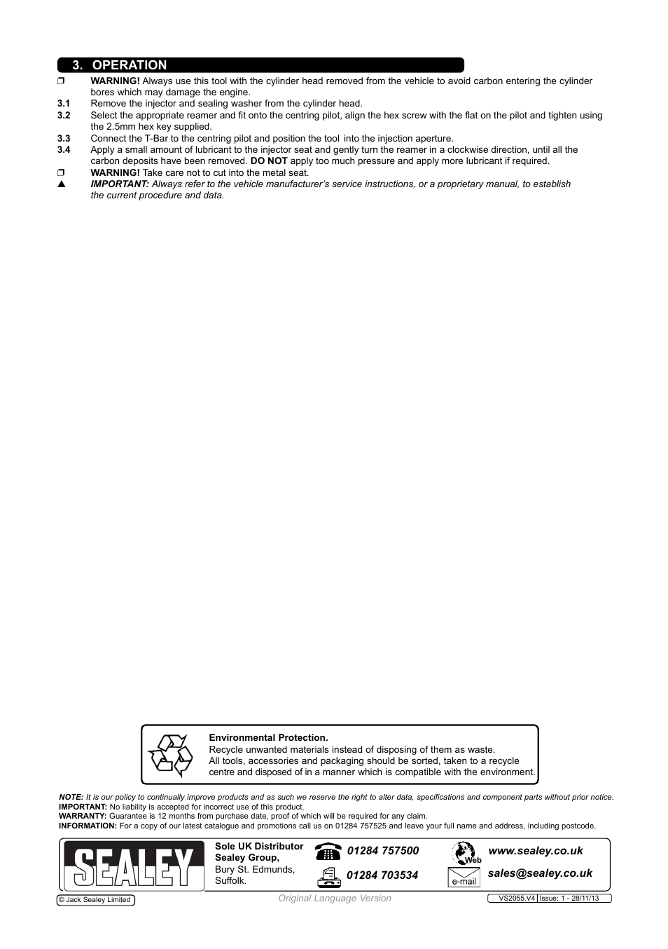 Operation | Sealey VS2055 User Manual | Page 2 / 2