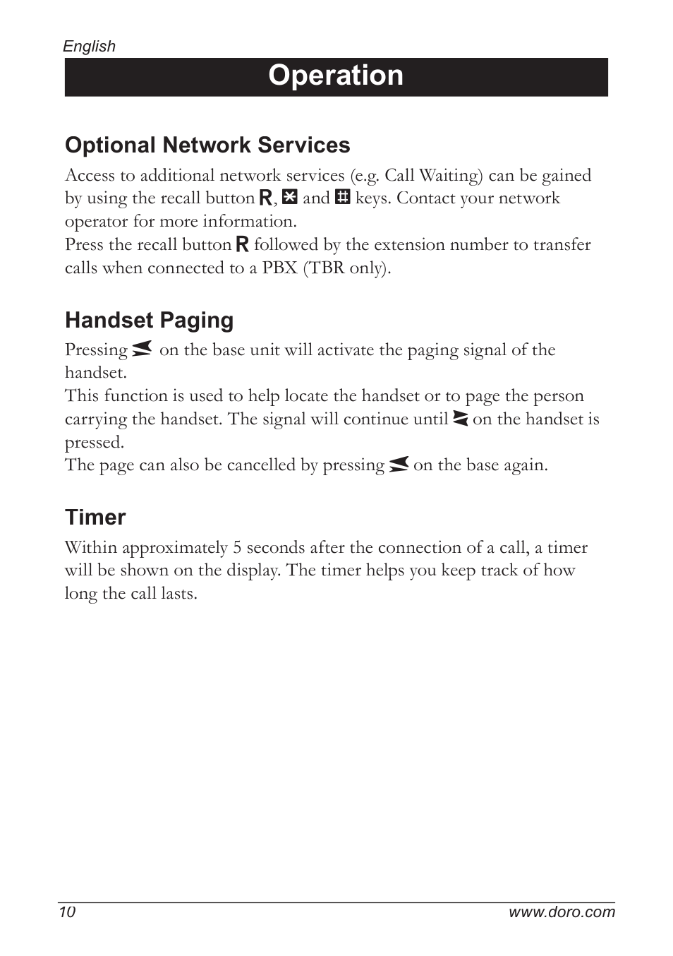 Operation, Optional network services, Handset paging | Timer | Doro 5055 User Manual | Page 10 / 40