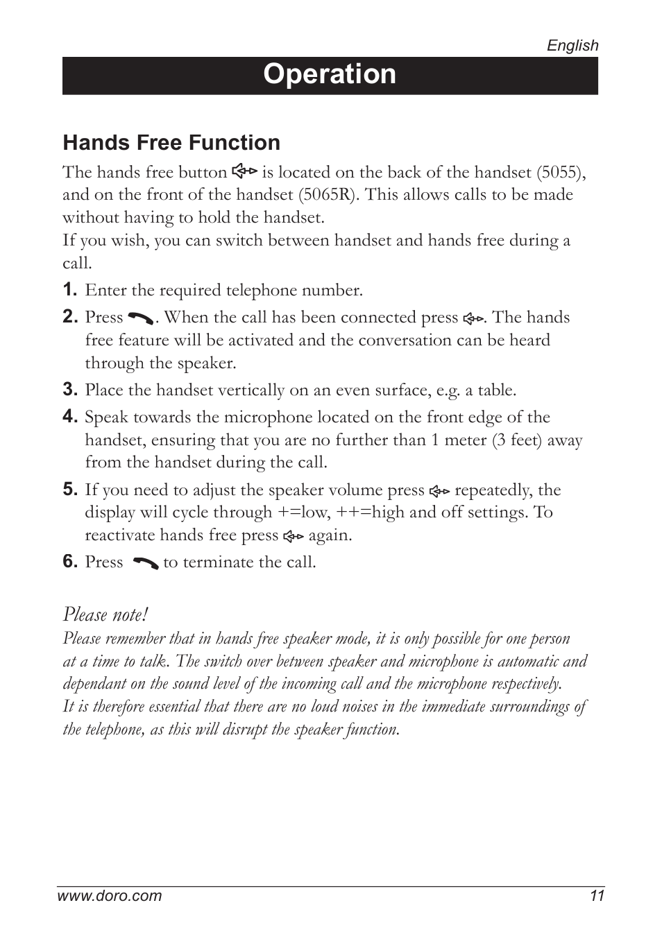 Operation, Hands free function | Doro 5055 User Manual | Page 11 / 40