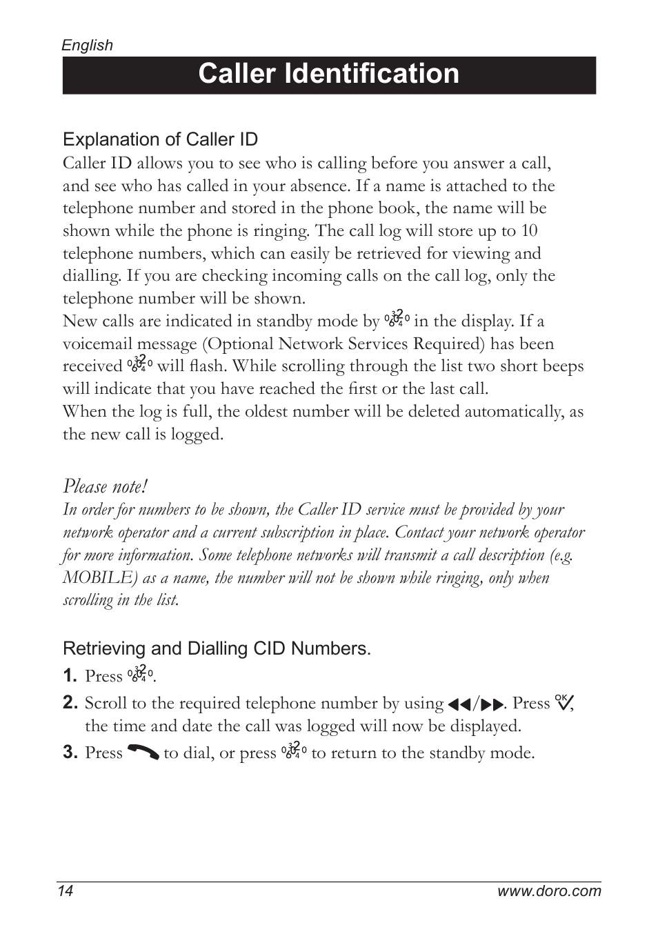 Caller identifi cation | Doro 5055 User Manual | Page 14 / 40