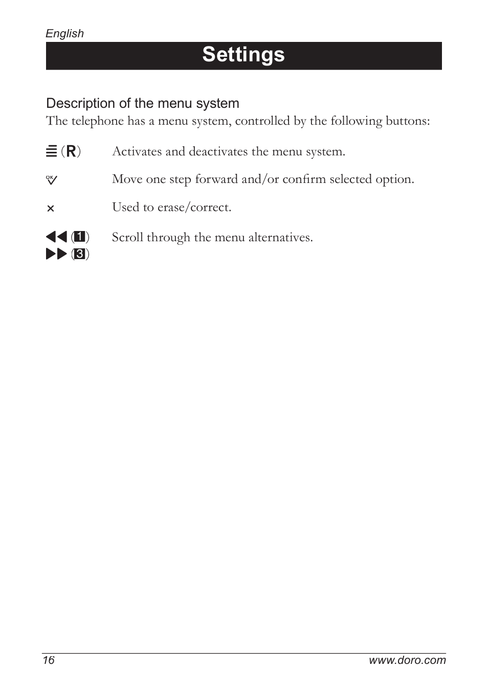 Settings | Doro 5055 User Manual | Page 16 / 40
