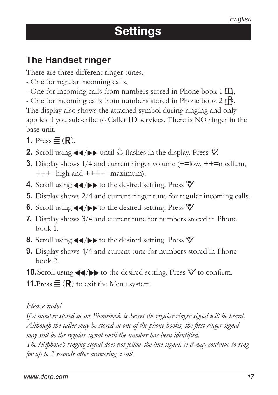 Settings, The handset ringer | Doro 5055 User Manual | Page 17 / 40