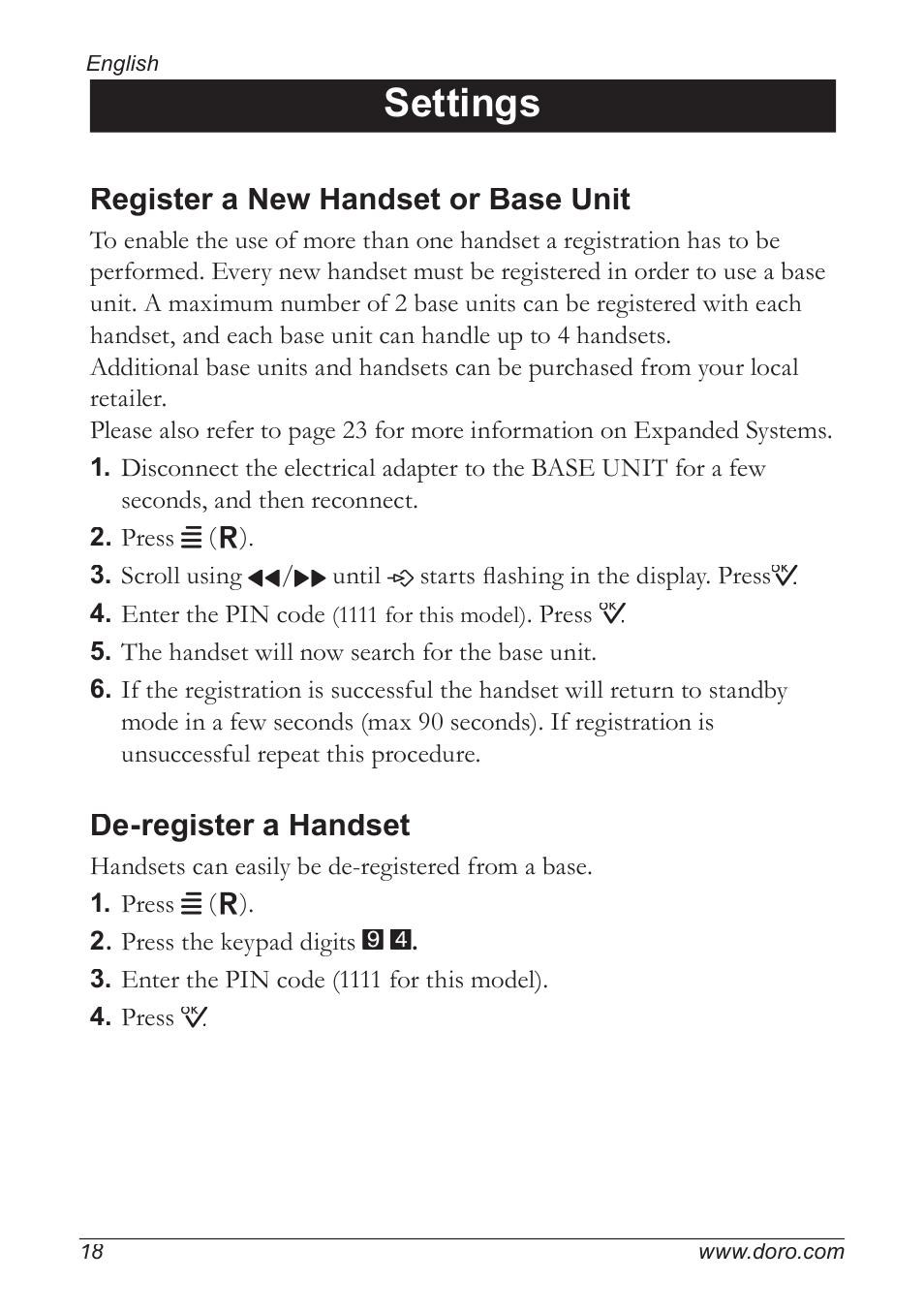 Settings, Register a new handset or base unit, De-register a handset | Doro 5055 User Manual | Page 18 / 40