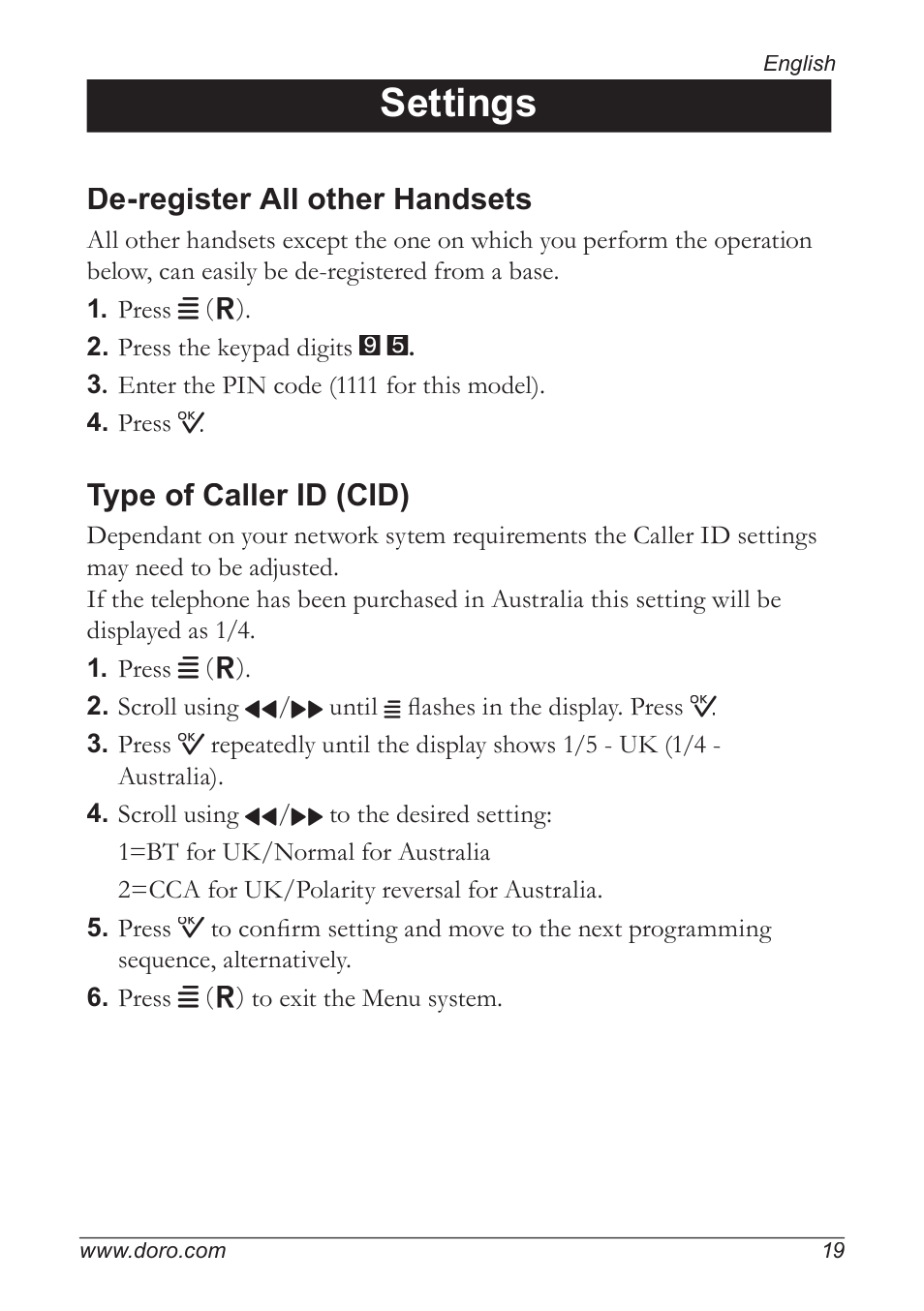 Settings, De-register all other handsets, Type of caller id (cid) | Doro 5055 User Manual | Page 19 / 40
