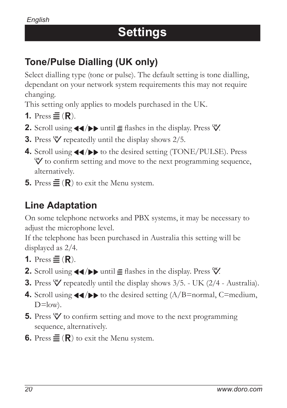 Settings, Tone/pulse dialling (uk only), Line adaptation | Doro 5055 User Manual | Page 20 / 40