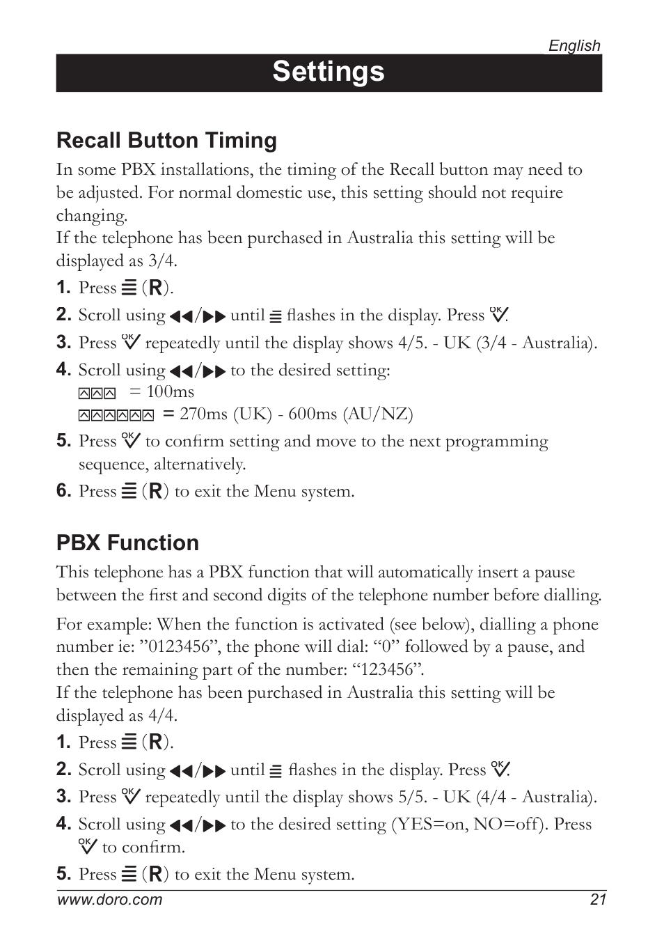 Settings, Recall button timing, Pbx function | Doro 5055 User Manual | Page 21 / 40