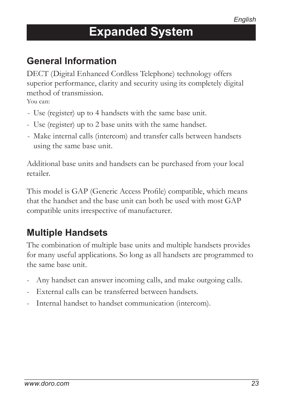 Expanded system, General information, Multiple handsets | Doro 5055 User Manual | Page 23 / 40