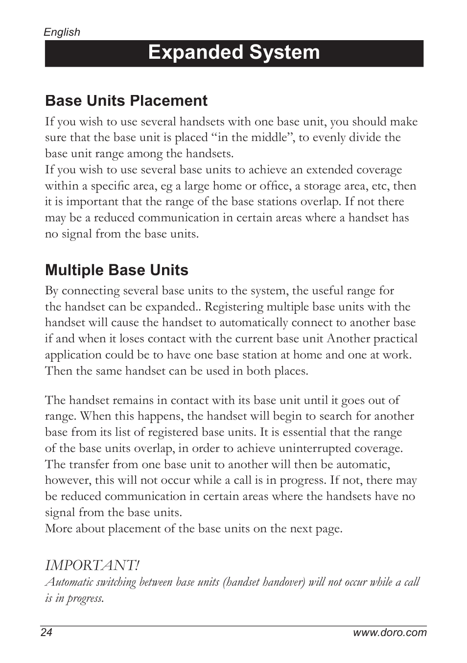 Expanded system, Base units placement, Multiple base units | Important | Doro 5055 User Manual | Page 24 / 40