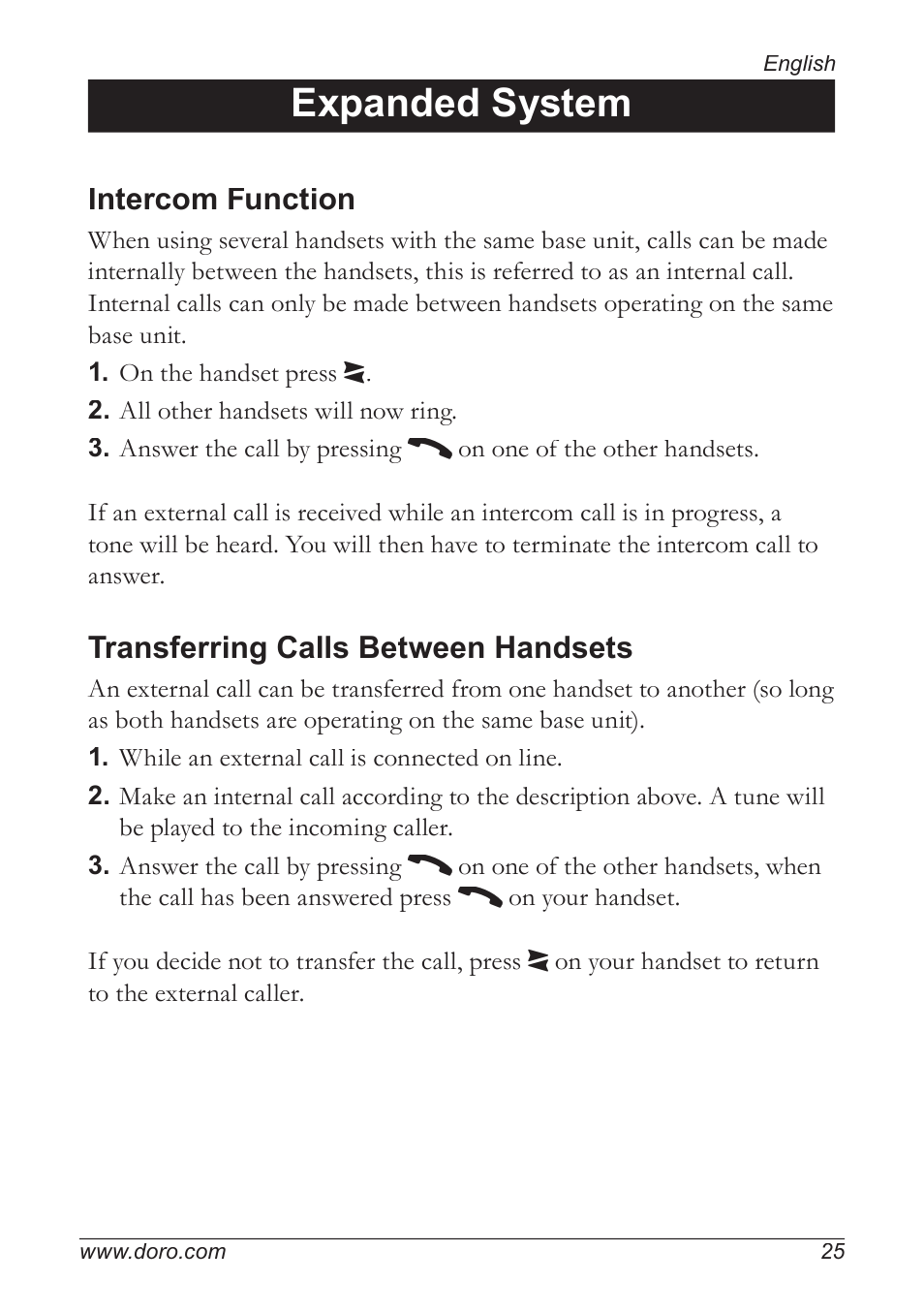 Expanded system, Intercom function, Transferring calls between handsets | Doro 5055 User Manual | Page 25 / 40