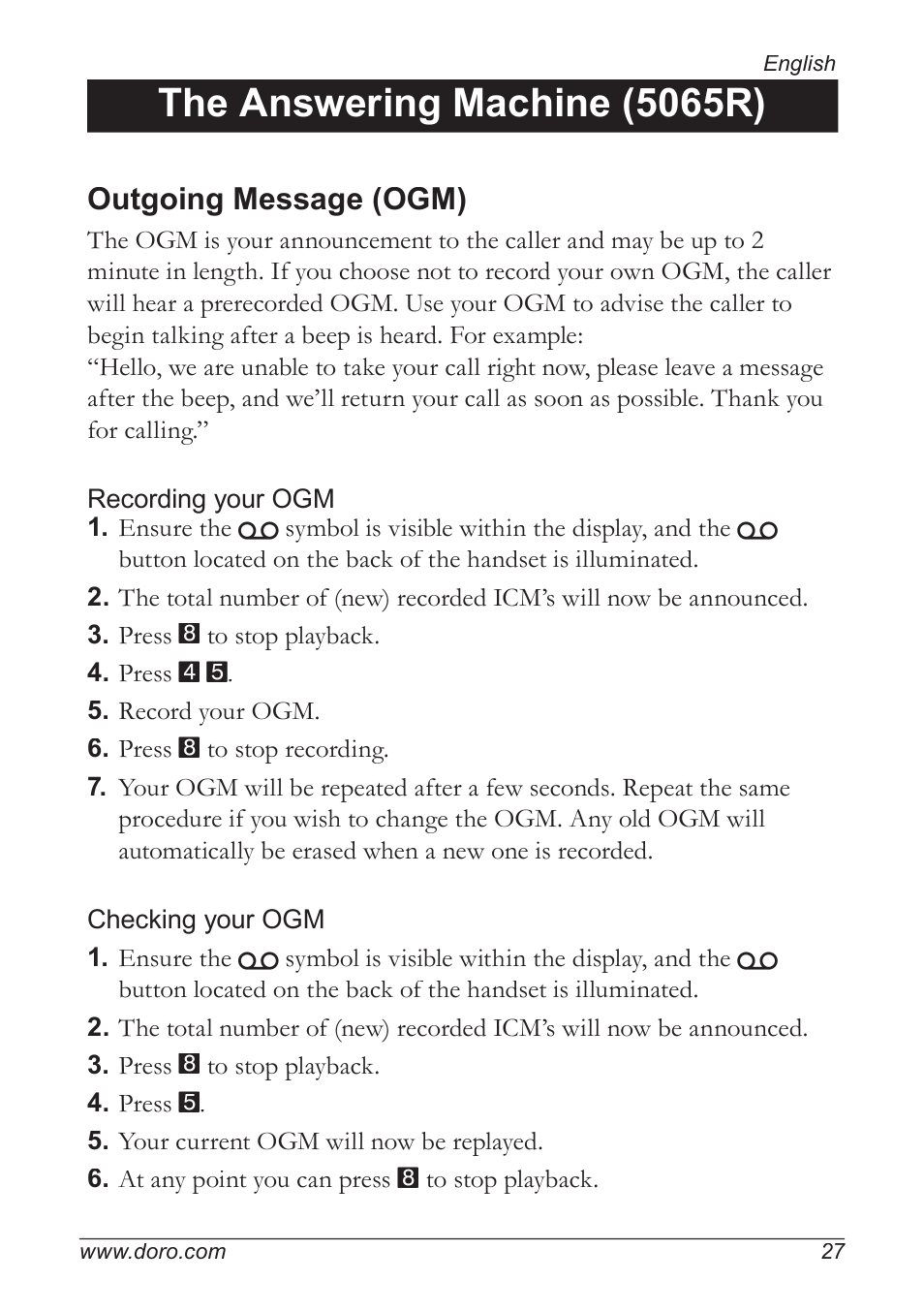 The answering machine (5065r), Outgoing message (ogm) | Doro 5055 User Manual | Page 27 / 40