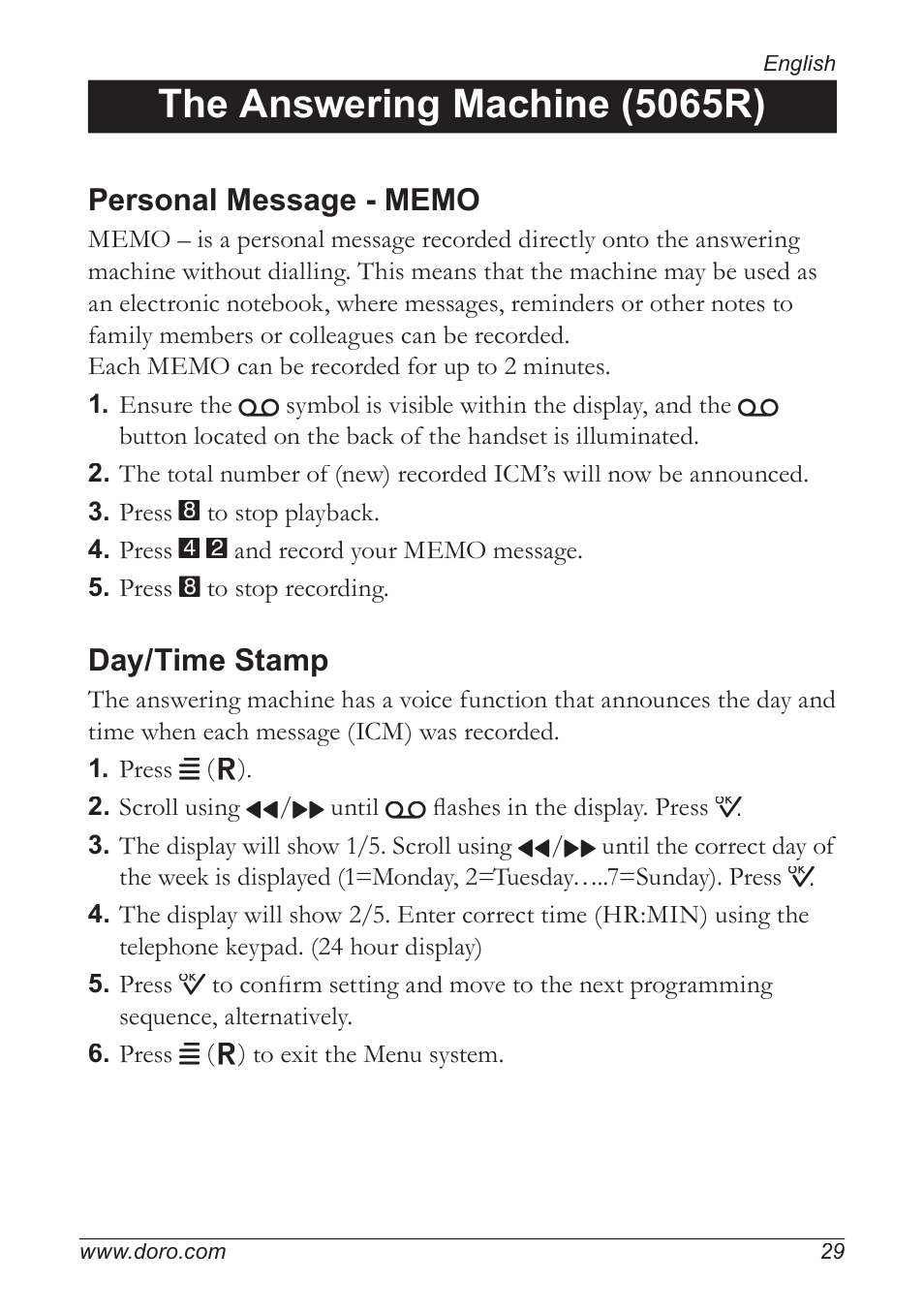 The answering machine (5065r), Day/time stamp | Doro 5055 User Manual | Page 29 / 40