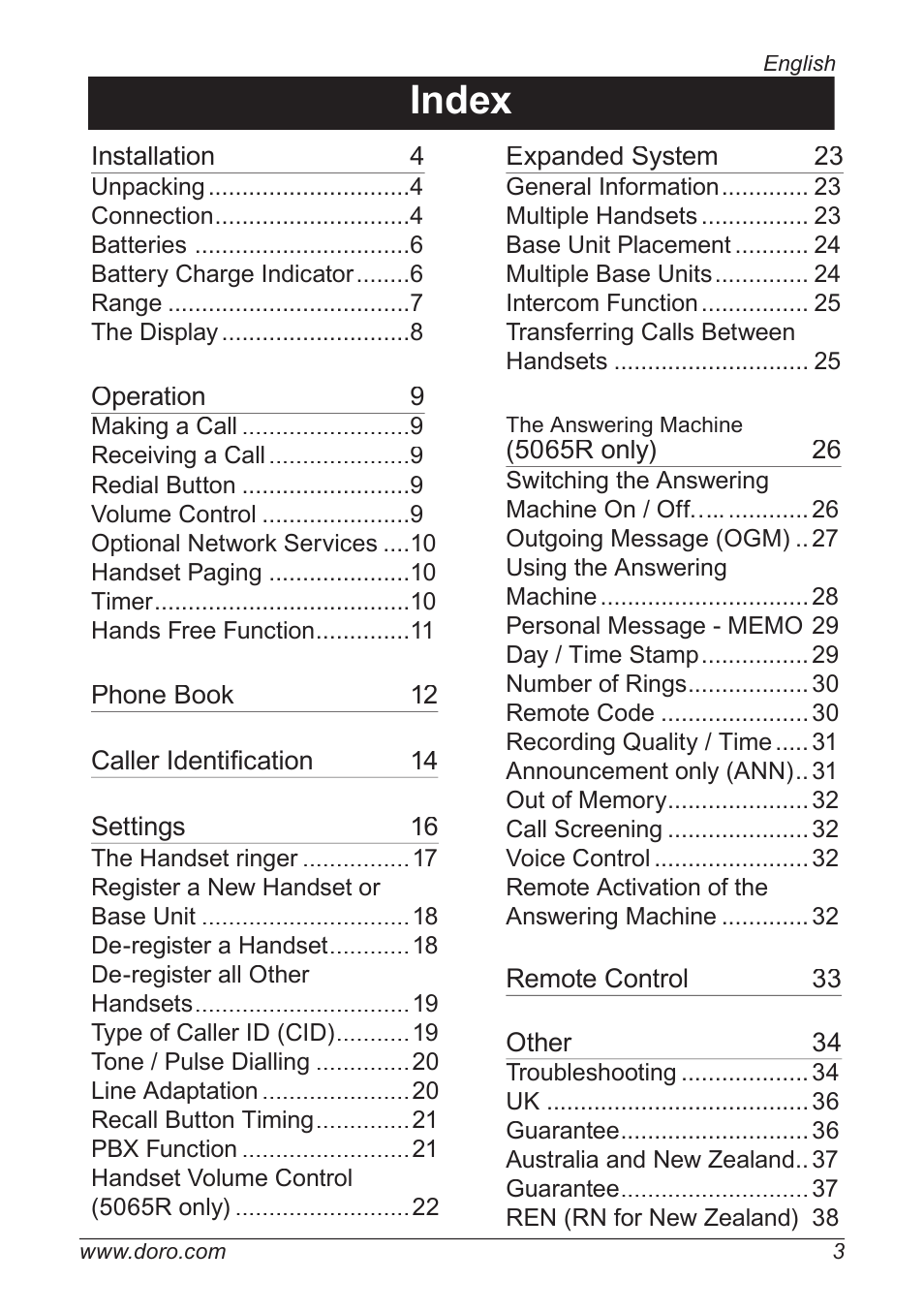 Index | Doro 5055 User Manual | Page 3 / 40