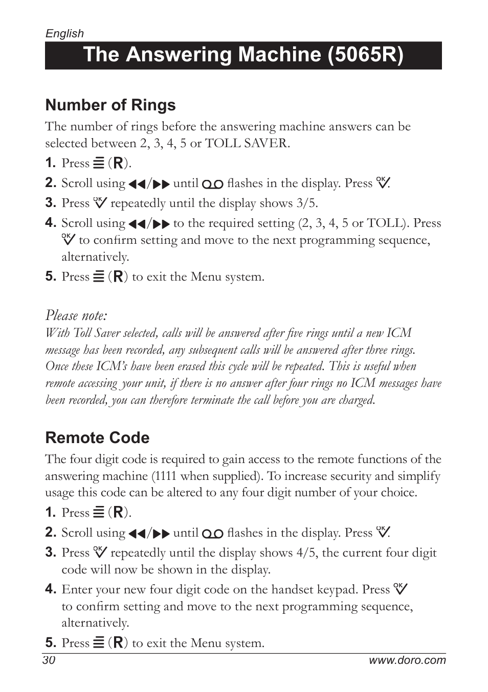 The answering machine (5065r), Number of rings, Remote code | Doro 5055 User Manual | Page 30 / 40