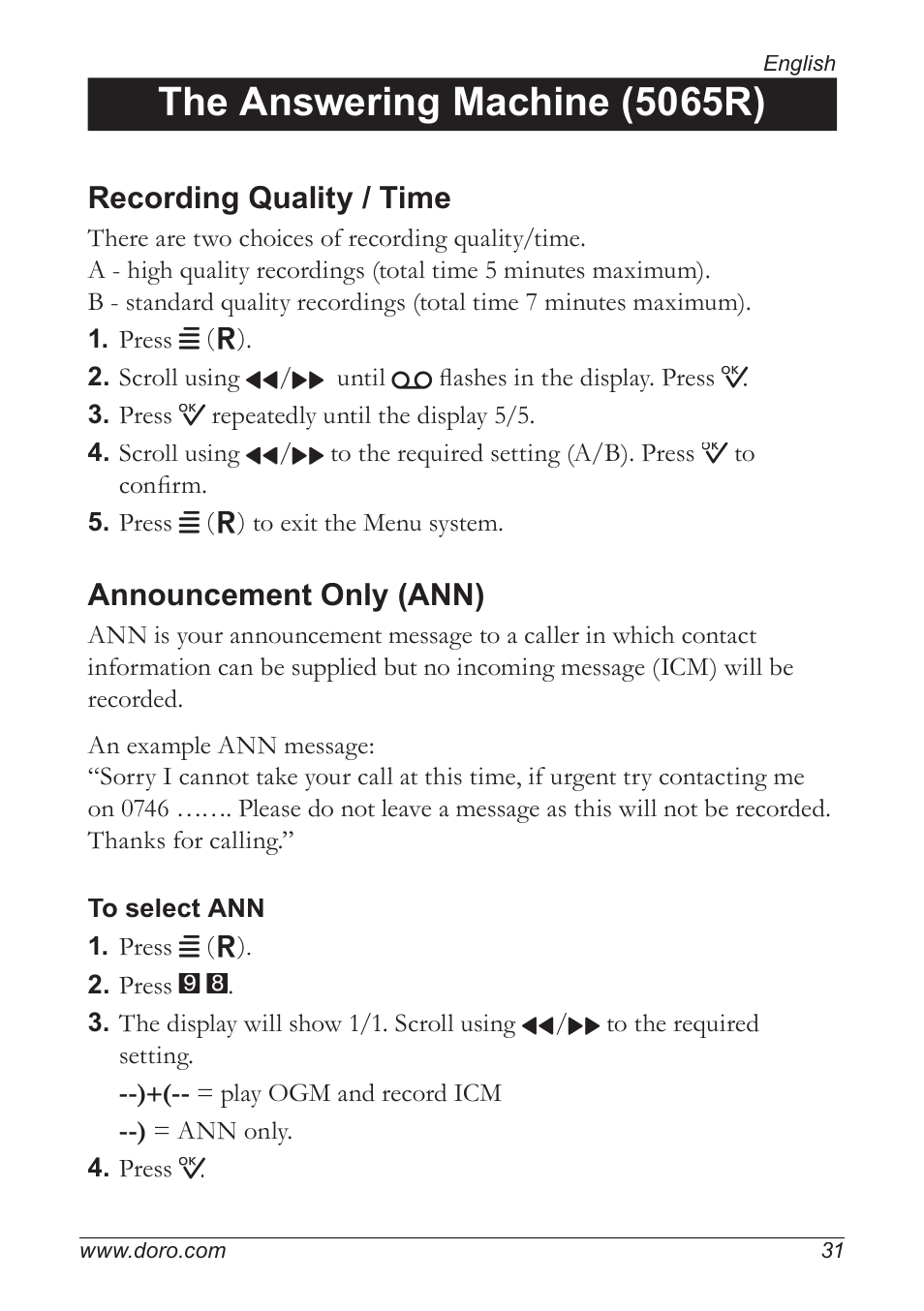 The answering machine (5065r), Recording quality / time, Announcement only (ann) | Doro 5055 User Manual | Page 31 / 40