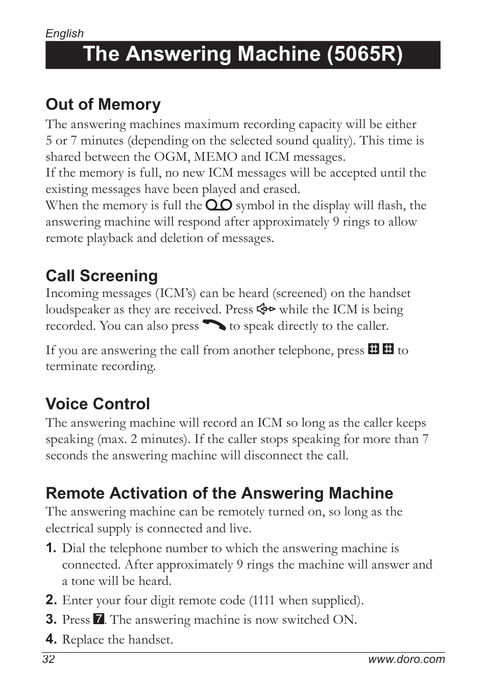 The answering machine (5065r), Call screening, Voice control | Remote activation of the answering machine | Doro 5055 User Manual | Page 32 / 40