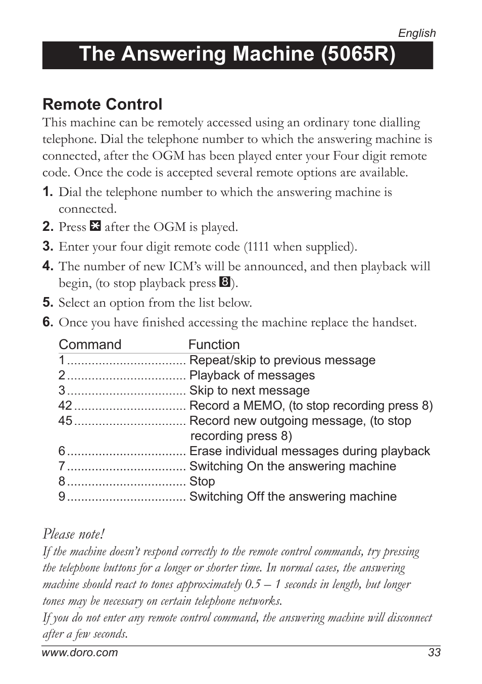 The answering machine (5065r), Remote control | Doro 5055 User Manual | Page 33 / 40