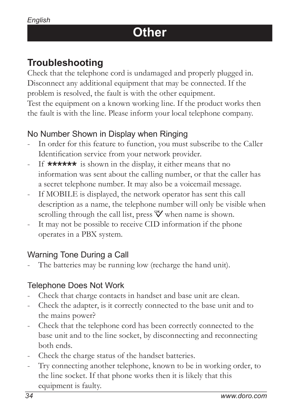 Other, Troubleshooting | Doro 5055 User Manual | Page 34 / 40