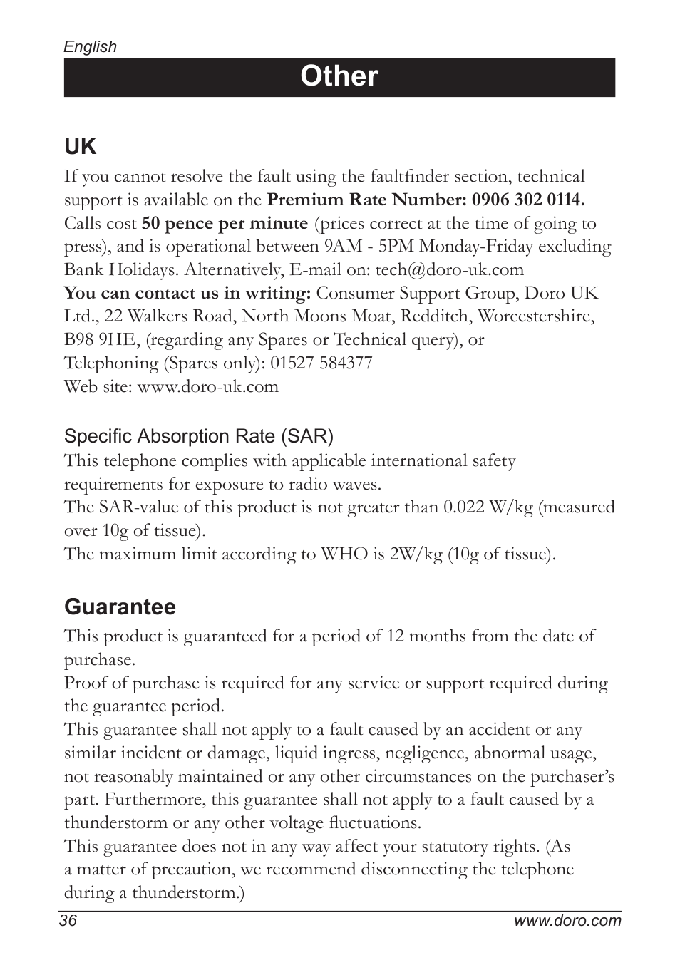 Other, Guarantee | Doro 5055 User Manual | Page 36 / 40