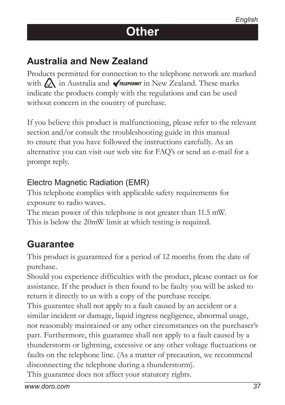 Other, Australia and new zealand, Guarantee | Doro 5055 User Manual | Page 37 / 40