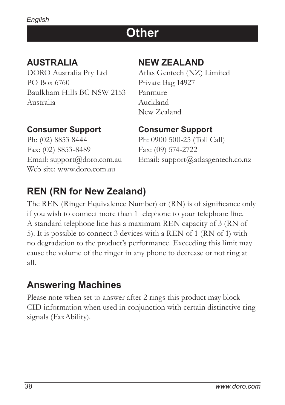 Other, Ren (rn for new zealand), Answering machines | Doro 5055 User Manual | Page 38 / 40