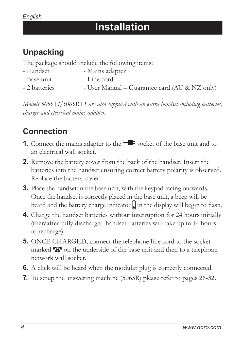 Installation, Unpacking, Connection | Doro 5055 User Manual | Page 4 / 40