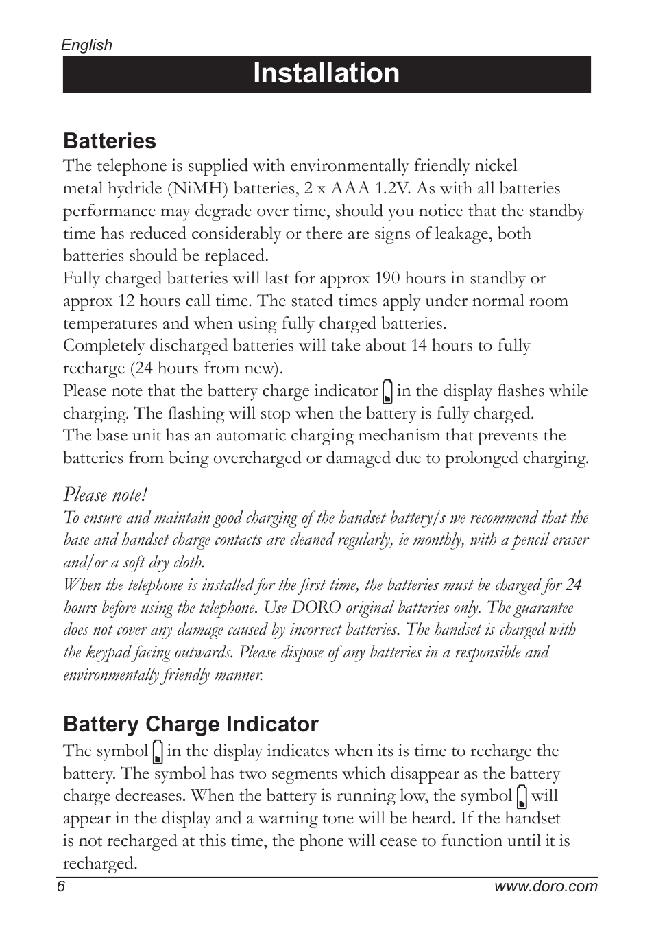 Installation, Batteries, Battery charge indicator | Doro 5055 User Manual | Page 6 / 40