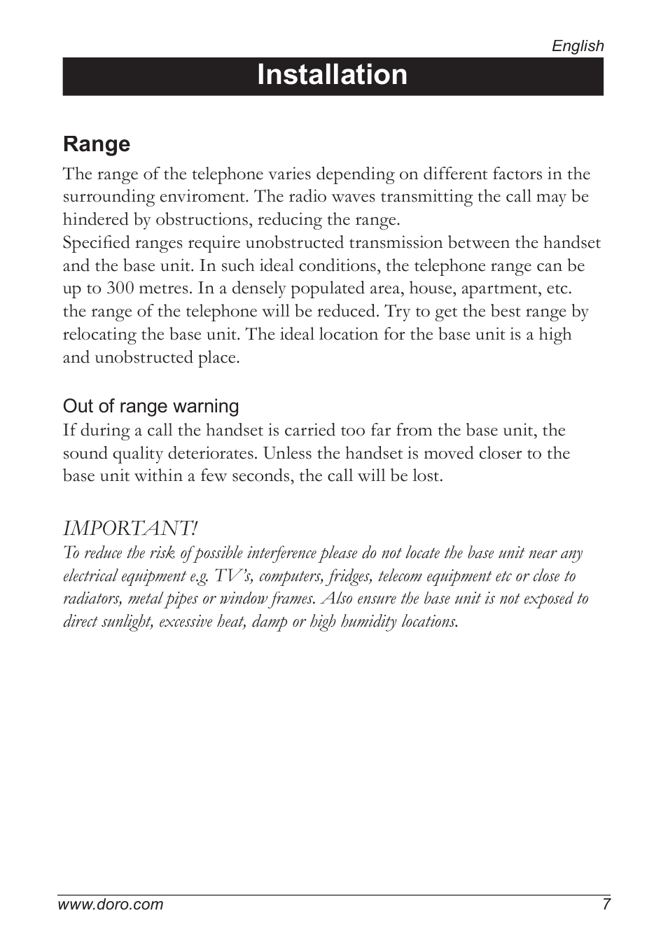 Installation, Range, Important | Doro 5055 User Manual | Page 7 / 40