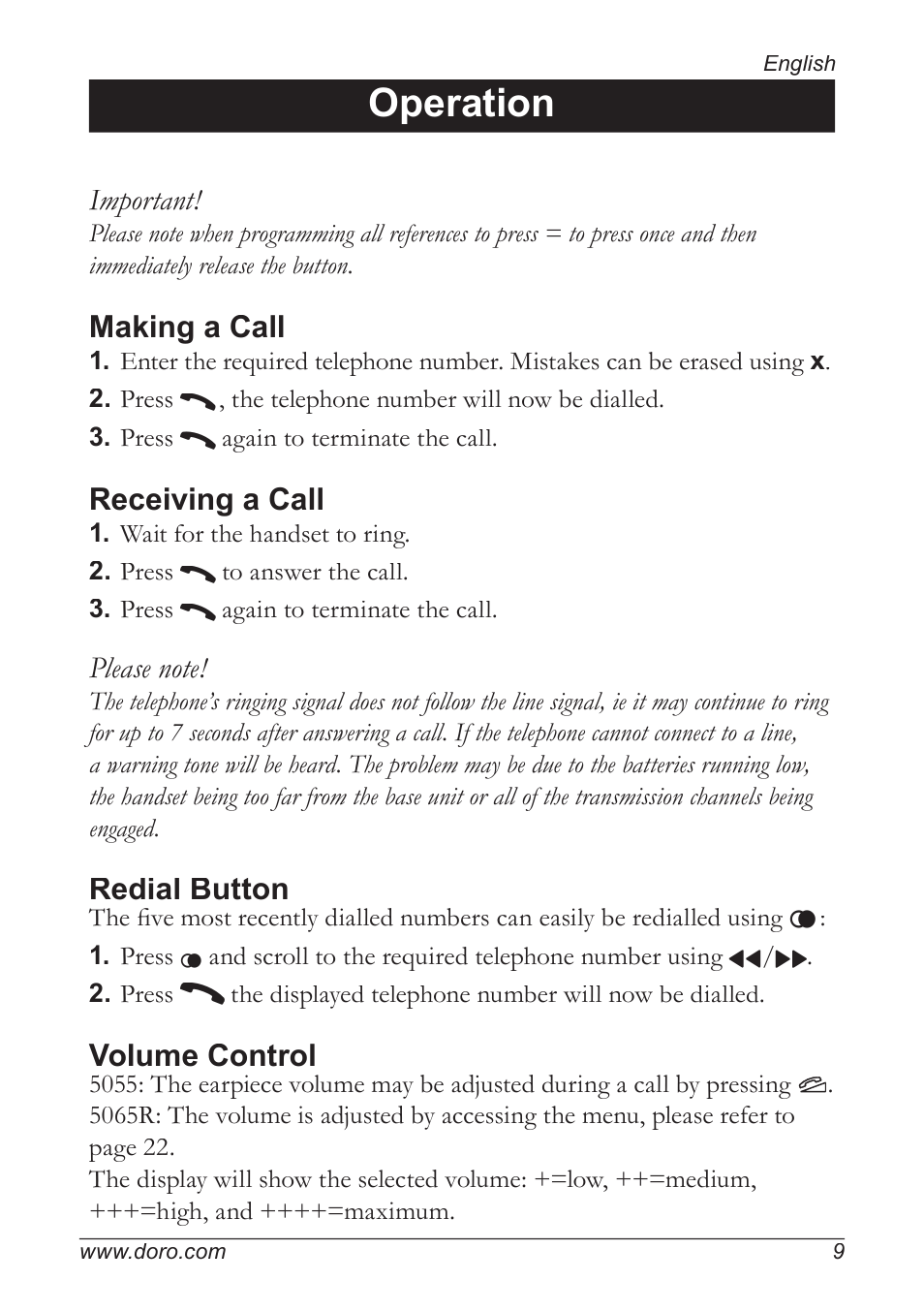 Operation, Important, Making a call | Receiving a call, Redial button, Volume control | Doro 5055 User Manual | Page 9 / 40